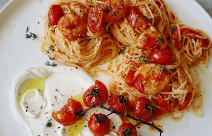 Chilli Tomato and Prawn Pasta With Whipped Lemon Ricotta