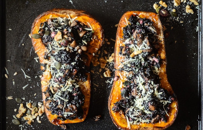 Stuffed Butternut Squash with Black Rice , Mushrooms and Spinach